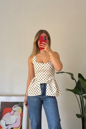 EKRU PEPLUM DETAYLI PUANTİYELİ BLUZ - Ekru