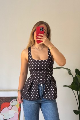 SİYAH PEPLUM DETAYLI PUANTİYELİ BLUZ - Siyah