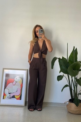 KAHVE KETEN CROP BAĞLAMA DETAYLI TAKIM - Kahve