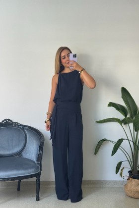LACİVERT OMUZU BONCUK DETAYLI BLUZ&PANTOLON TENSEL TAKIM - Lacivert
