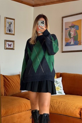 Yeşil Baklava Desenli Kazak - Yeşil