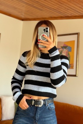 Lacivert Çizgili Kısa Kazak - Çizgili