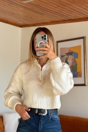 Fermuarlı Kısa Kazak - Ekru