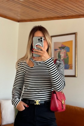 Çizgili Omuz Dekolteli Basic - XS