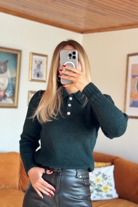 Polo Yaka Taş Düğmeli Kazak - XS