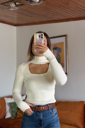 Pencere Detaylı Balıkçı Triko - Ekru