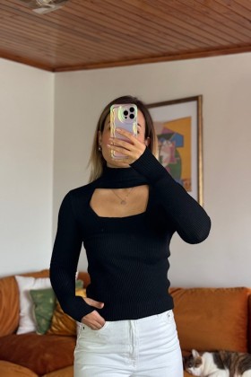 Pencere Detaylı Balıkçı Triko - Siyah