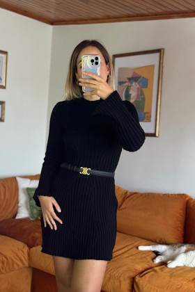 Fitilli Triko Elbise - Siyah