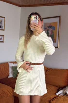 Fitilli Triko Elbise - Bej