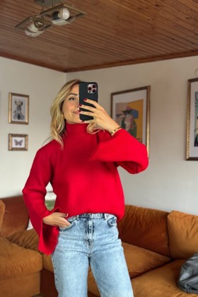 Kırmızı balıkçı kolları yırtmaçlı kazak - Standart