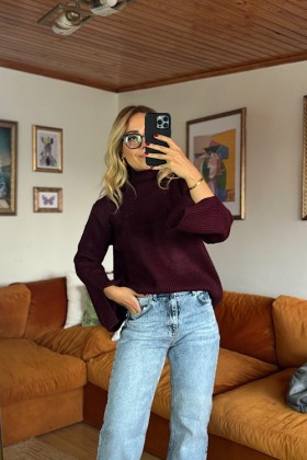 Bordo balıkçı kolları yırtmaçlı kazak - Standart