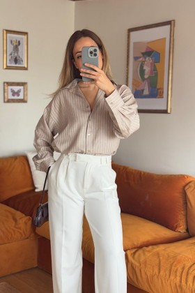 TAŞ RENGİ ÇİZGİLİ GÖMLEK - Bej