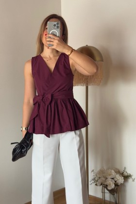 BORDO KUŞAKLI BLUZ - Bordo