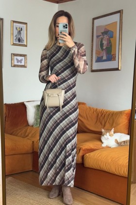 KAHVE KARE DESENLİ ELBİSE - Small