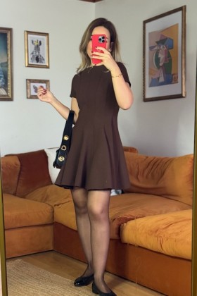 KAHVE KALIN PİLELİ KİLOŞ ELBİSE - Small