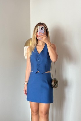 MAVİ BOYUNDAN BAĞLI YELEKLİ TAKIM - Mavi