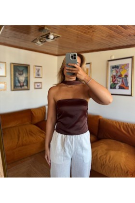 KAHVE STRAPLEZ SATEN BLUZ - Kahve