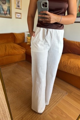 BEYAZ BAĞCIKLI KETEN PANTOLON - Beyaz