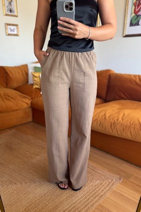 VİZON BAĞCIKLI KETEN PANTOLON - Vizon