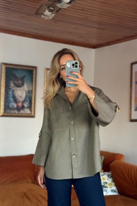 HAKİ %100 KETEN KOLLARI KEMER DETAYLI GÖMLEK - Haki