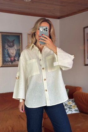 EKRU %100 KETEN KOLLARI KEMER DETAYLI GÖMLEK - Ekru