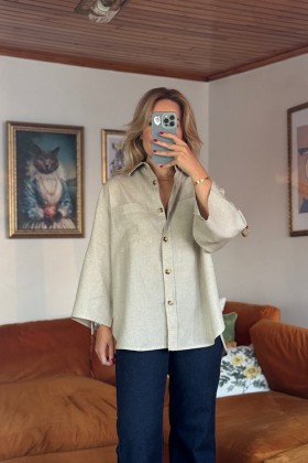 TAŞ RENGİ %100 KETEN KOLLARI KEMER DETAYLI GÖMLEK - Taş rengi