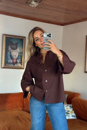 KAHVE %100 KETEN KOLLARI KEMER DETAYLI GÖMLEK - Kahve