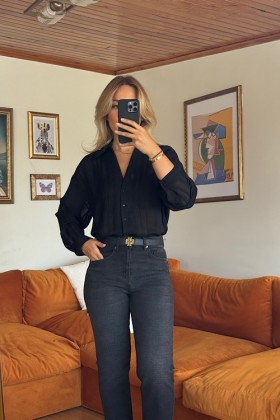 SİYAH V YAKA TRANSPARAN GÖMLEK - Siyah