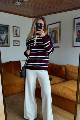 RENKLİ ÇİZGİLİ POLO YAKA KAZAK - Çizgili