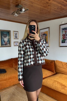 BAKLAVA DESENLİ KAHVE HIRKA - Baklava desen kahve