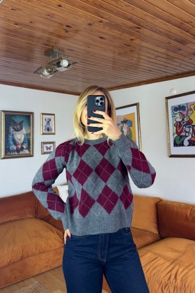 BORDO BAKLAVA DESENLİ KAZAK - Bordo