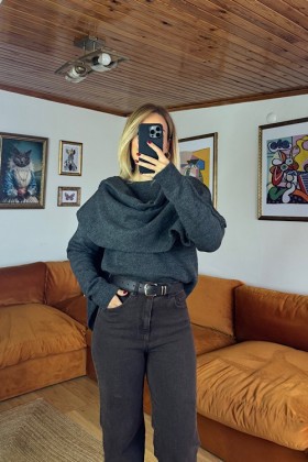 FÜME ŞAL DETAYLI TRİKO - Füme