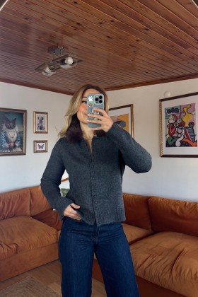 YAKASI KÜRKLÜ TRİKO HIRKA - Füme