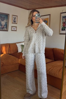 BEJ ÖRGÜ DESENLİ TRİKO TAKIM - Bej