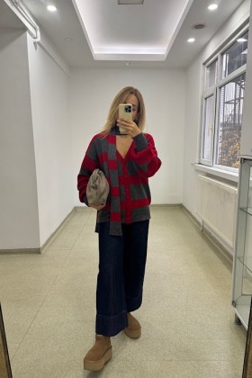 KIRMIZI GRİ ÇİZGİLİ ATKILI HIRKA