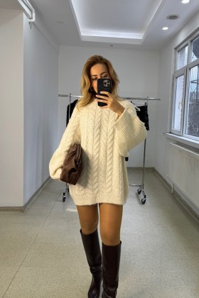 GOLD DETAYLI ÖRGÜ DESENLİ KAZAK - Ekru