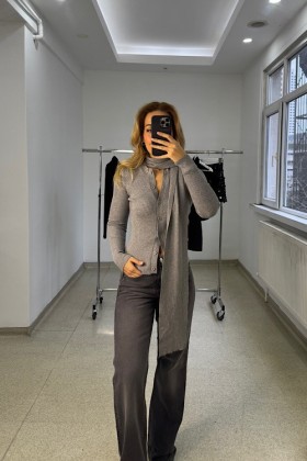 FİTİLLİ GRİ ŞAL DETAYLI HIRKA