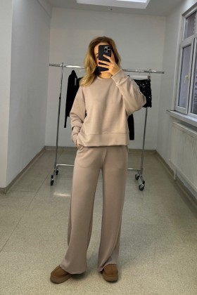 BEJ BİSİKLET YAKA MODAL KUMAŞ TAKIM - Bej