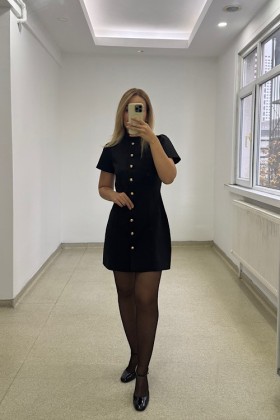 SİYAH KARPUZ KOL GOLD DÜĞMELİ ELBİSE