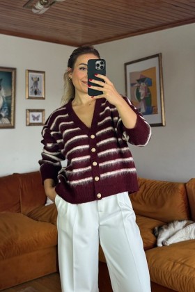 BORDO EKRU ÇİZGİLİ V YAKA HIRKA - Bordo