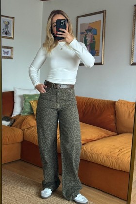 YEŞİL LEOPAR DESENLİ JEAN