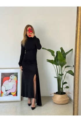 KUŞAK DETAYLI SİYAH BALKAŞ ELBİSE