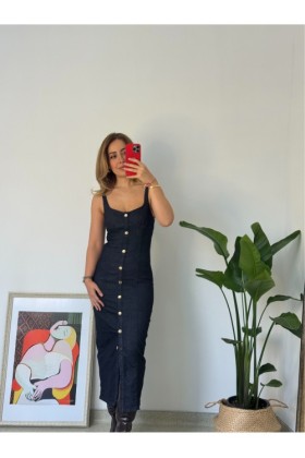 GOLD DÜĞMELİ ASKILI DENİM ELBİSE - Lacivert