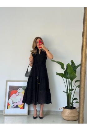 SİYAH FİSTOLU VOLANLI ELBİSE - Siyah