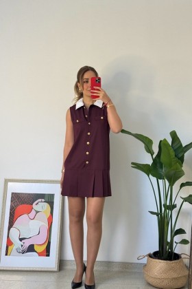 BORDO GOLD DÜĞME DETAYLI PİLELİ ELBİSE - Bordo