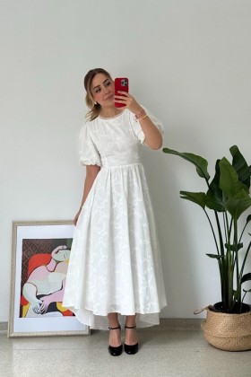 BALON KOL SIRT DEKOLTELİ FİSTO ELBİSE - Beyaz