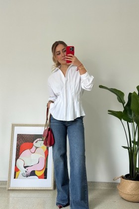 BEYAZ BELDEN PİLE DETAYLI GÖMLEK - Beyaz