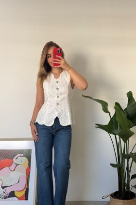 BEYAZ PUL İŞLEMELİ YELEK - Beyaz