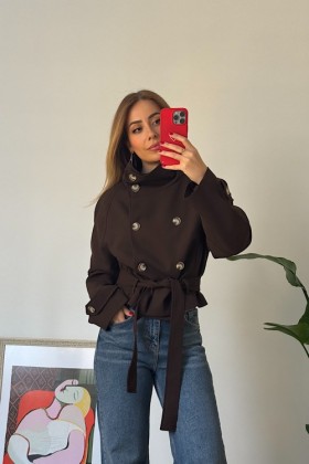 KAHVE RENGİ DİK YAKA KUMAŞ TRENÇKOT