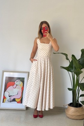 EKRU BAĞLAMA DETAYLI PUANTİYELİ ELBİSE - Ekru